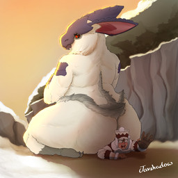 anthro bedroom_eyes big_butt bodily_fluids butt clothed clothing crush crying duo dusk eyelashes female fur hair humor interspecies looking_at_another looking_back male male/female narrowed_eyes nude red_eyes seductive shadow sitting sitting_on_another size_difference snow tail tears white_body javshadow capcom monster_hunter human lagombi mammal primatius 1:1 absurd_res digital_media_(artwork) hi_res