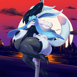 alternate_species areola big_breasts big_butt blue_body breasts butt clothing dancing female footwear high_heels humanoidized legwear pasties pokemorph pole pole_dancing shoes solo thigh_highs hurikata nintendo pokemon eeveelution generation_4_pokemon glaceon humanoid pokemon_(species) 1:1 hi_res