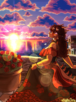 anthro big_breasts biped black_clothing black_dress bracelet breasts brown_hair building clothed clothed_anthro clothed_female clothing cloud cross day detailed_background digit_ring dress facial_horn female fingers floral_print flower hair happy head_turned horn house humanoid_hands jewelry lens_flare long_hair long_tail looking_at_viewer looking_back necklace non-mammal_breasts orange_body outside pink_eyes plant plant_pot ring ring_(jewelry) rose_(flower) sky smile solo spiked_tail spikes spikes_(anatomy) sun sunset tail tan_body text wall_(structure) wedding_ring bigboitony goodbye_volcano_high ko_op_(game_developer) rosa_(gvh) aquilops ceratopsian dinosaur marginocephalian ornithischian prehistoric_species reptile scalie absurd_res artist_name colored hi_res shaded