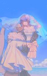 anthro blush bridal_carry brown_hair carrying_another clothing dress duo female fluffy fluffy_chest fur gloves hair handwear long_ears male ponytail_ears wedding_dress wedding_veil yellow_body yellow_fur sapphire_7991 bandai_namco digimon digimon_ghost_game ruri_tsukiyono digimon_(species) human mammal symbareangoramon hi_res