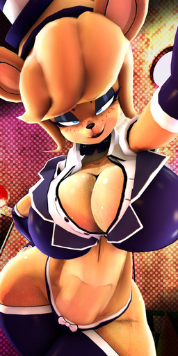 anthro armwear big_breasts black_eyeshadow blue_eyes bow_tie breasts cleavage clothed clothing crossgender elbow_gloves eyelashes eyeshadow female fingerless_gloves freckled_face freckles glistening_eyelids gloves hand_on_hip handwear hat headgear headwear huge_breasts legwear long_eyelashes looking_at_viewer machine makeup mtf_crossgender panties smile solo standing thick_thighs thigh_highs top_hat underwear wide_hips mr_t_18g cryptiacurves_(modeler) five_nights_at_freddy's fredina's_nightclub scottgames freddy_(fnaf) frenni_(cryptiacurves) animatronic bear mammal robot 2026 3d_(artwork) absurd_res digital_media_(artwork) hi_res