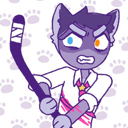 accessory anthro black_hair blood blood_on_clothing blue_eyes bodily_fluids clenched_teeth clothed clothing fangs footprint fur grey_body grey_fur hair heterochromia hockey_stick male necktie noseless orange_eyes pattern_background pawprint rolled_up_sleeves school_uniform shirt simple_background solo star teeth topwear uniform white_clothing white_shirt white_topwear wounded 90percentdenny 90_percent_studios purrfect_apawcalypse sparky_fritz canid canine canis domestic_dog husky mammal nordic_sled_dog spitz 1:1 2019 official_art