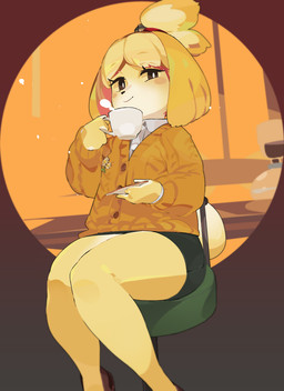 anthro blonde_hair bottomwear clothing container cup female hair holding_container holding_cup holding_object miniskirt sitting skirt smile solo sweater tea_cup topwear idkuroi animal_crossing nintendo isabelle_(animal_crossing) canid canine canis domestic_dog mammal shih_tzu toy_dog hi_res
