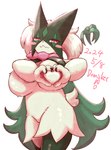 anthro big_breasts biped breasts featureless_breasts female fur gesture green_body green_fur heart_gesture looking_at_viewer solo domiskebet nintendo pokemon generation_9_pokemon meowscarada pokemon_(species) hi_res