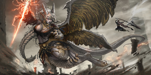ambiguous_gender black_sclera blue_eyes braided_hair breasts claws column duo female grey_body grey_hair grey_scales hair holding_melee_weapon holding_object holding_weapon horn jumping melee_weapon scales size_difference tail weapon wings lambdakat mythology animal_humanoid dragon dragon_humanoid humanoid mythological_creature mythological_scalie scalie 2025 digital_media_(artwork) hi_res
