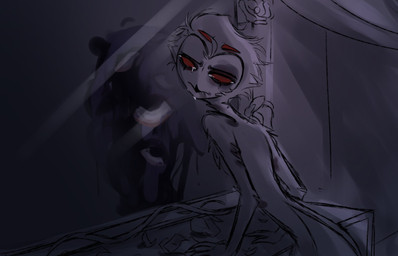 anthro bodily_fluids cabinet crying curtains depressing depression frown hair leaning looking_at_viewer male mirror red_eyes sad short_hair simple_background solo tears wounded teathekook hellaverse helluva_boss stolas_(helluva_boss) avian bird owl owl_demon hi_res