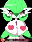 2019 3:4 big_breasts breasts censored censored_nipples digital_media_(artwork) doreen_(artist) english_text female gardevoir generation_3_pokemon hair heart_censor heart_symbol hi_res huge_breasts looking_at_viewer nintendo not_furry patreon patreon_logo patreon_username pokemon pokemon_(species) psychic red_eyes simple_background smile solo text