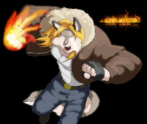 anthro beard belt blonde_hair blue_eyes bottomwear clothing facial_hair fingerless_gloves footwear gloves hair handwear jacket male open_mouth pants shirt shoes solo text topwear xxsparcoxx canid canine canis mammal wolf 2015 digital_media_(artwork) english_text