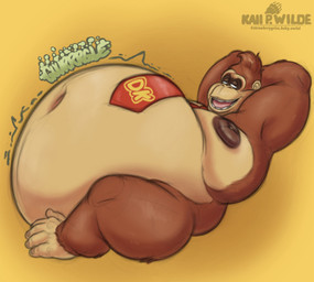 accessory anthro areola belly big_belly feet fur gurgle_(sound_effect) hair half-closed_eyes hands_behind_head leaning leaning_backward looking_at_viewer male moobs morbidly_obese morbidly_obese_anthro morbidly_obese_male mostly_nude narrowed_eyes navel necktie necktie_only nipples obese obese_anthro obese_male open_mouth overweight overweight_anthro overweight_male prehensile_feet rumbling_stomach sitting smile smiling_at_viewer solo teeth text toes tongue husky2paws donkey_kong_(series) nintendo donkey_kong_(character) ape gorilla haplorhine mammal monkey primate 2026 hi_res signature