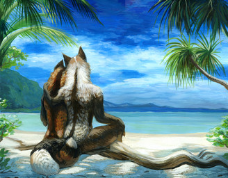 ambiguous/ambiguous ambiguous_gender anthro arm_around_shoulders beach black_body black_fur branch brown_body brown_fur casual_nudity day detailed_background dipstick_tail duo entwined_tails fluffy fluffy_tail fur hand_on_leg log markings multicolored_tail nude on_branch outside palm_tree plant rear_view sand seaside sitting sky tail tail_coil tail_markings tree water white_body white_fur wood hibbary canid canine fox mammal detailed painting_(artwork) traditional_media_(artwork)