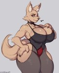 absurd_res anthro big_breasts breasts canid canine canis claws clothed clothing collar ear_piercing ear_ring female fur hdhxrrfg heart_symbol hi_res huge_breasts mammal piercing red_eyes ring_piercing simple_background solo tail thick_thighs wide_hips