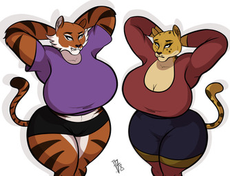 anthro big_breasts breasts duo female huge_breasts huge_hips huge_thighs looking_at_viewer mature_anthro mature_female seductive thick_thighs wide_hips panthra78 shoestrang cassandra_(shoestrang) willow_(shoestrang) cheetah felid feline mammal pantherine tiger absurd_res hi_res