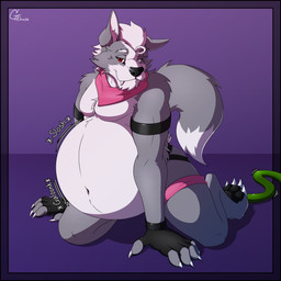 anthro belly belly_inflation big_belly eye_scar facial_scar fangs fur grey_body grey_fur hose hose_inflation inflation male obese overweight red_eyes rumbling_stomach scar scarf solo teeth gt_grackle nintendo star_fox wolf_o'donnell canid canine canis mammal wolf 1:1 hi_res