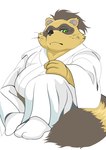 anthro belly big_belly clothed clothing green_eyes kemono male overweight overweight_male simple_background sitting solo white_background hysk sengoku_puzzle tokugawa_ieyasu canid canine mammal raccoon_dog tanuki 2023 hi_res