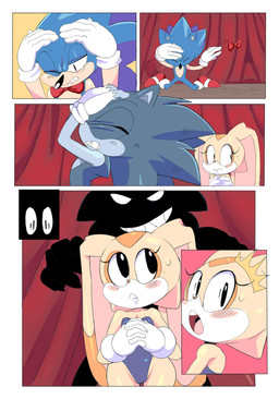 anthro bare_shoulders bodily_fluids bow_tie clasped_hands clothing duo female flat_chested gloves handwear kneeling leotard male male/female shocked strapless_clothing strapless_leotard sweat transformation cloudz sega sonic_the_hedgehog_(series) sonic_unleashed cream_the_rabbit sonic_the_hedgehog sonic_the_werehog eulipotyphlan hedgehog lagomorph leporid mammal rabbit comic hi_res