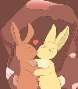 anthro ball_fondling balls duo fondling genitals heart_symbol kissing male male/male pattern_background penis rubbing_penis simple_background vlaxis lagomorph leporid mammal rabbit hi_res