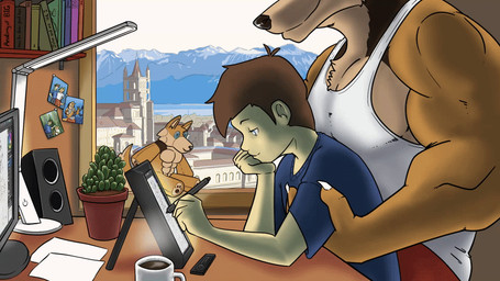anthro art_tablet beverage blue_clothing blue_eyes blue_shirt blue_topwear brown_hair clothing coffee coffee_cup coffee_mug computer container cup duo electronics hair human_on_anthro interspecies landscape male male/male male_on_anthro male_on_human muscular muscular_anthro muscular_male photo plant plushie shirt size_difference tank_top topwear white_clothing white_shirt white_tank_top white_topwear fungimagi lofi_girl john_(justagoodboy) canid canine canis human mammal wolf 16:9 animated loop widescreen