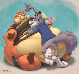 3_toes 4_fingers anthro anthro_on_anthro belly belly_overhang big_belly biped black_clothing black_nose black_shirt black_topwear blonde_hair blue_clothing blue_shirt blue_topwear bottomless bottomless_anthro bottomless_male bottomwear box brown_body brown_claws brown_feet brown_finger_claws brown_fur brown_hands brown_nose brown_toe_claws cardboard cardboard_box chubby_cheeks claws clothed clothed_anthro clothed_male clothing container countershade_face countershade_feet countershade_fur countershade_tail countershade_torso countershading dipstick_ears doughnut_box duo ear_markings ear_piercing ear_ring ear_stud eyebrows fat_arms fat_legs featureless_crotch feeding feet finger_claws fingers fur gloves_(marking) grey_body grey_fur hair holding_box holding_container holding_doughnut holding_object huge_belly humanoid_hands inner_ear_fluff interspecies larger_anthro larger_male leaning_on_another leg_markings looking_at_another looking_at_food looking_at_object looking_up_at_another male male/male male_anthro markings membrane_(anatomy) monotone_tail moobs morbidly_obese morbidly_obese_anthro morbidly_obese_male multicolored_body multicolored_ears multicolored_fur narrowed_eyes obese obese_anthro obese_male open_clothing open_mouth open_shirt open_smile open_topwear orange_body orange_fur overweight overweight_anthro overweight_male pawpads piercing pink_pawpads pink_tongue plantigrade ring_piercing rolled_up_sleeves shirt shirt_only simple_background sitting size_difference smaller_anthro smaller_male smile socks_(marking) standing tail tan_body tan_countershading tan_fur tan_hair tan_inner_ear teeth text toe_claws toes tongue toony topwear topwear_only torn_bottomwear torn_clothing torn_shirt torn_topwear tuft webbed_feet weight_gain white_body white_claws white_countershading white_eyebrows white_finger_claws white_fur white_inner_ear white_inner_ear_fluff white_toe_claws teaselbone attius_brightwater_(abthegreat) teaselbone_(character) canid canine canis mammal mustelid otter wolf 2018 digital_media_(artwork) english_text shaded signature