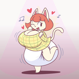 anthro big_breasts big_diaper black_hair breasts cleavage clothed clothing dancing diaper female fur hair heart_symbol huge_breasts one_eye_closed one_leg_up raised_arm raised_leg red_hair shaking_diaper solo spotlight spread_legs spreading white_body white_fur dummydoodles animal_crossing nintendo felicity_(animal_crossing) domestic_cat felid feline felis mammal 1:1 hi_res