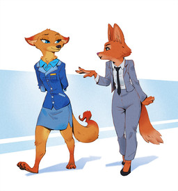 4_fingers anthro barefoot biped black_nose blue_eyes bottomwear cheek_tuft clothed clothed_anthro clothed_female clothing collared_shirt countershade_face countershade_neck countershading dipstick_ears dipstick_tail dress_shirt duo ear_markings eye_contact eyebrows eyelashes facial_tuft feet female female_anthro fingers floppy_ears fluffy fluffy_tail footwear fully_clothed fully_clothed_anthro fully_clothed_female fur high_heels iris long_tail looking_at_another markings mouth_closed multicolored_ears necktie orange_body orange_fur pants pawpads philtrum plantigrade pointy_ears pupils raised_eyebrow shirt shoes skirt snout tail tail_markings toes topwear tuft walking ruffu dreamworks the_bad_guys diane_foxington megan_fawkes canid canine fox mammal