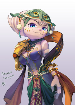accessory anthro armwear breasts clothed clothing cosplay crossover_cosplay cybernetic_arm cybernetic_limb disability eyelashes facial_markings female fur head_markings headgear headwear kemono looking_at_viewer markings medium_breasts neckwear prosthetic prosthetic_arm prosthetic_limb secret_stone secret_stone_of_spirit simple_background smile smiling_at_viewer solo text juunishiaya nintendo ratchet_and_clank sony_corporation sony_interactive_entertainment tears_of_the_kingdom the_legend_of_zelda mineru rivet_(ratchet_and_clank) lombax mammal absurd_res crossover english_text hi_res