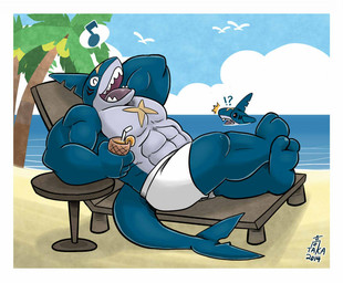 abs beach beverage biceps big_muscles blue_body blue_skin bottomwear chair clothed clothing cloud detailed_background duo fangs furniture interrobang lounge_chair male muscular musical_note musical_symbol open_mouth outside palm_tree pecs plant sand seaside shorts sky swimwear symbol table teeth tongue topless tree triceps water takataka nintendo pokemon generation_3_pokemon pokemon_(species) sharpedo 2014