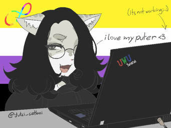 ambiguous_gender anthro autism_symbol computer electronics eyewear fur glasses grey_body grey_fur hair hair_over_eye lgbt_pride nonbinary_pride_colors pride_colors solo yutsi_catboi vitoka_(yutsi_catboi) domestic_cat felid feline felis mammal trans_(lore)