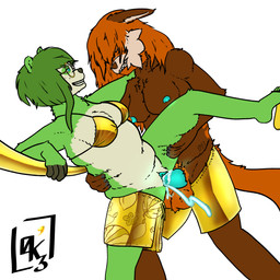 anthro balls blue_cum blue_eyes blue_nipples blue_penis bodily_fluids bottomwear bra breasts brown_body brown_fur chest_tuft clenched_teeth clitoris clothed clothing colored_cum countershading cum cum_in_vagina cum_inside cum_splatter duo ears_down erection eyewear female female_penetrated flip_flops footwear fur genital_fluids genitals glasses glowing glowing_bulge glowing_cum glowing_genitalia glowing_nipples glowing_penis gold_bra gold_glasses gold_shoes golden_clothing green_body green_fur green_hair grin gynomorph gynomorph/female gynomorph_penetrating gynomorph_penetrating_female hair heart_pupils heart_symbol holding_body holding_leg intersex intersex/female intersex_penetrating intersex_penetrating_female knot knotted_penis leaning_on_object nipples orange_hair orange_tail pattern_bottomwear pattern_clothing penetration penile penile_penetration penis penis_in_vagina pivoted_ears pulled_pants raised_leg round_glasses sandals sex shoes shorts smile standing standing_sex tail tattoo teeth topless topless_intersex tuft underwear unusual_bodily_fluids unusual_cum unusual_genital_fluids vaginal vaginal_penetration vulva zerokyu3 golden_week 093_(zerokyu3) buko_the_panda ailurid bear canid canine fox giant_panda hybrid mammal red_fox red_panda true_fox 1:1 absurd_res hi_res signature