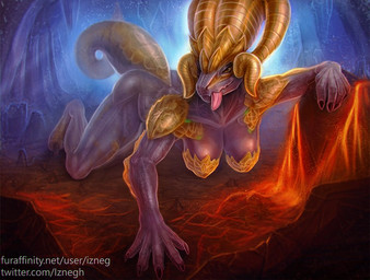 all_fours anthro big_breasts black_claws breasts butt claws digitigrade female front_view gold_scales grey_body grey_scales horn looking_at_viewer naturally_censored scales solo thick_thighs tongue tongue_out wide_hips yellow_horn izneg capcom monster_hunter elder_dragon kulve_taroth