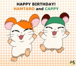 clothing duo eyes_closed feral fur green_clothing green_hat green_headwear happy happy_birthday hat headgear headwear logo male orange_body orange_fur pattern_background simple_background smile tan_body tan_fur text pichu90 hamtaro_(series) cappy_(hamtaro) hamtaro cricetid hamster mammal rodent 2023 artist_logo english_text hi_res