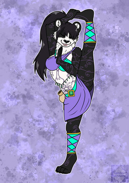 anthro bottomwear clothing female full_body_tattoo gem gourd_bottle hair legband monk ponytail raised_leg skirt solo tattoo wrap_top yoga arwenscoots conditional_dnp bear giant_panda mammal hi_res