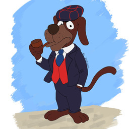 3_toes accessory anthro biped bottomwear brown_body brown_fur brown_nose clothing feet fur hat headgear headwear humanoid_hands male necktie pants shirt simple_background smoking solo standing toes topwear piothecloudrat around_the_world_with_willy_fog inspector_dix canid canine canis domestic_dog mammal 1:1 2026 hi_res