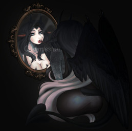 2_horns anthro applying_lipstick big_butt black_background black_body black_clothing black_dress black_eyebrows black_hair black_horn black_scales black_tail black_wings blue_eyes breasts butt cleavage clothed clothed_anthro clothed_female clothing dress eyebrows eyelashes feathered_wings feathers female fur grey_hair hair holding_lipstick horn lidded_eyes light lipstick long_tail looking_at_mirror looking_at_object makeup mirror multicolored_body multicolored_fur multicolored_hair red_inner_ear red_lipstick scales simple_background sitting smiling_at_self solo spade_tail tail tan_body tan_fur text two_tone_hair wings angellumen bovid caprine caprine_demon demon goat_demon mammal 2023 colored digital_drawing_(artwork) digital_media_(artwork) english_description english_text hi_res lighting shaded