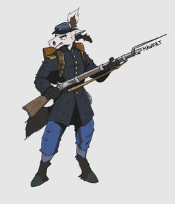 angry anthro backpack barefoot bottomwear clothing ears_back feet fur gun holding_gun holding_object holding_ranged_weapon holding_weapon hooves male military military_clothing military_hat military_jacket military_uniform pants pivoted_ears ranged_weapon simple_background soldier solo tail teeth teeth_showing uniform warrior weapon wearing_backpack white_background white_body white_fur mawkvlt mammal hi_res