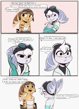 anthro blush clothed clothed_female clothed_male clothing dialogue duo eyewear eyewear_on_head female fur gloves goggles goggles_on_head hair handwear male male/female pink_nose text white_body white_fur white_hair yellow_body yellow_fur time_fluffy500 ratchet_and_clank sony_corporation sony_interactive_entertainment ratchet_(ratchet_and_clank) rivet_(ratchet_and_clank) lombax mammal absurd_res comic english_text hi_res