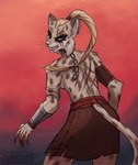 absurd_res anthro bethesda_softworks blood bodily_fluids bottomwear breasts chain chain_leash cheek_tuft clothed clothing collar darokho facial_tuft fangs_bared felid feline female fur green_eyes grey_body grey_fur hair hi_res khajiit leash looking_at_viewer lynx mammal microsoft ponytail pupils rear_view scar scars_all_over simple_background skirt slave slit_pupils solo spots the_elder_scrolls the_elder_scrolls_online topless topless_female tuft