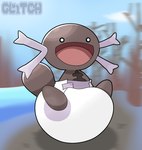 ambiguous_gender armless big_diaper blurred_background brown_body clean_diaper clothed clothing diaper gills happy open_mouth smile solo tongue wearing_diaper gl1tchedpup nintendo pokemon amphibian generation_9_pokemon paldean_form paldean_wooper pokemon_(species) regional_form_(pokemon)