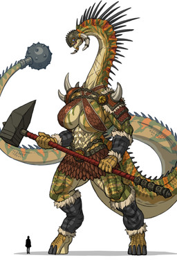 5_fingers abs anthro armor big_breasts blue_eyes breasts clothed clothing duo female fingers hammer headgear helmet holding_object holding_weapon huge_breasts larger_female long_neck mace macro melee_weapon muscular muscular_anthro muscular_female navel non-mammal_breasts open_mouth pink_pupils pupils scar size_difference small_head solo_focus spines teeth tools weapon hutago dinosaur human mammal prehistoric_species reptile sauropod sauropodomorph scalie absurd_res hi_res