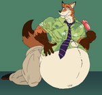 anthro barefoot belly big_belly bloated bottomwear clenched_teeth clothed clothing dress_shirt feet food fur hand_on_belly holding_food holding_object holding_popsicle kneeling looking_at_viewer male navel necktie obese obese_anthro obese_male overweight overweight_anthro overweight_male pants pawpsicle popsicle raised_tail shirt solo tail teeth topwear jakeshepherd502 disney zootopia nick_wilde canid canine fox mammal red_fox true_fox 2022 absurd_res hi_res