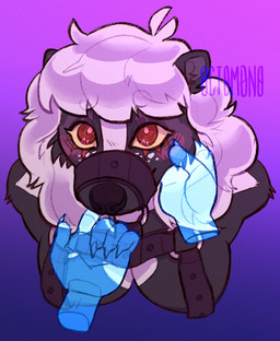 anthro black_body black_fur black_harness black_nose disembodied_hand duo eyelashes female female_anthro freckles fur gradient_background hair harness muzzle_(object) muzzled nude red_eyes simple_background solo_focus white_body white_fur white_hair yellow_sclera 0ct0m0n0 mammal mephitid skunk bust_portrait hi_res portrait