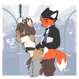 anal anal_penetration anthro bodily_fluids bottomwear bottomwear_down brown_body brown_fur butt clothed clothing covering covering_mouth duo_focus erection exhibitionism femboy fluffy fluffy_tail fur genitals group hat headgear headwear humanoid_genitalia jacket looking_pleasured male male/male male_penetrated male_penetrating male_penetrating_male multicolored_body multicolored_fur pants pants_down partially_clothed penetration penile penile_penetration penis penis_in_ass plap plap_(sound) pointy_ears public public_sex public_transportation rapid_transit red_body red_fur sex shirt subway sweat tail tan_body tan_fur text topwear track_pants two_tone_body two_tone_fur white_body white_fur r1zmy canid canine fox mammal raccoon_dog tanuki hi_res