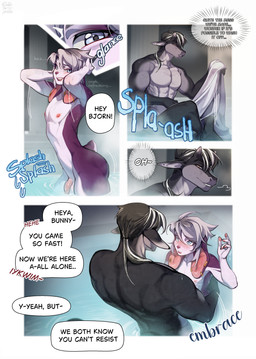 abs anthro balls biceps big_butt blue_eyes blush bodily_fluids butt comic_panel dialogue duo ear_piercing ear_ring facial_piercing fangs foreskin fur genitals grey_body grey_hair hair humanoid_genitalia humanoid_penis lip_piercing male male/male muscular muscular_anthro muscular_male nipples nude open_mouth pecs penis piercing purple_body red_eyes ring_piercing simple_background smile smiling_at_another speech_bubble tail teeth text white_body white_fur gekko-seishin mythology bjorn_(gekko-seishin) velshe_(gekko-seishin) dragon lagomorph leporid mammal mythological_creature mythological_scalie rabbit scalie 2026 absurd_res comic digital_media_(artwork) english_text hi_res shaded