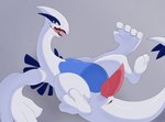 anthro blue_eyes bodily_fluids erection genitals legs_up looking_at_viewer lying male on_back open_mouth penis saliva saliva_string simple_background smile smiling_at_viewer solo tail teeth tongue white_body drayyko nintendo pokemon generation_2_pokemon legendary_pokemon lugia pokemon_(species) digital_media_(artwork) hi_res