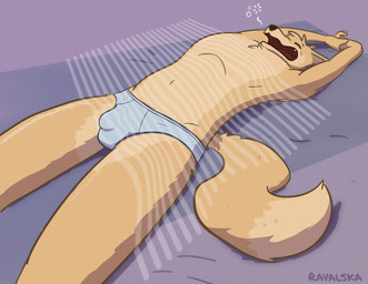 anthro bedroom briefs briefs_only bulge clothed clothing detailed_bulge eyes_closed fur male monotone_briefs monotone_clothing monotone_underwear motion_lines navel open_mouth sharp_teeth simple_background sleeping_in_underwear solo stretching tan_body tan_fur teeth teeth_showing tighty_whities tongue_showing topless underwear underwear_only white_briefs white_clothing white_underwear yawn ravalska rav_alska canid canine fox mammal hi_res