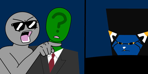 ?_face ambiguous_gender angry anthro clothing eyewear gesture glasses group hand_gesture mascot open_mouth pointing simple_background suit yelling redcrystal 4chan e621 tumblr woman_yelling_at_a_cat anon esix blank_humanoid domestic_cat felid feline felis human humanoid mammal hi_res meme