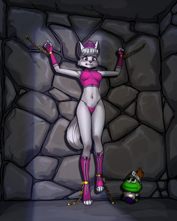 anthro bdsm blush bondage bound chain chained_to_wall clothed clothing crown dungeon female fur headgear inside knight_armor panties pink_outfit skimpy solo stone_wall thong tiara toy underwear wall_(structure) white_body white_fur diacordst paw_patrol sweetie_(paw_patrol) amphibian canid canine canis domestic_dog frog hunting_dog mammal terrier west_highland_white_terrier 4:5 absurd_res hi_res