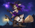 anthro broom broom_riding brown_hair camel_toe cleaning_tool clothing dress female flying green_eyes hair holidays lamp landscape lantern magic magic_user night panties short_dress solo underwear witch naryumi_(artist) halloween deer mammal hi_res