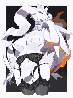 5_fingers anthro anthrofied areola big_breasts black_background black_clothing black_panties black_sclera black_underwear blue_eyes border breasts claws clothed clothed_anthro clothed_female clothing female finger_claws fingers front_view fur garter_belt garter_belt_leggings garter_straps legwear looking_at_viewer low-angle_view mature_female navel nipple_slip nipples panties pantsless pantsless_anthro pantsless_female partially_clothed partially_clothed_anthro partially_clothed_female pokemorph simple_background solo standing tail thick_thighs thigh_highs topless topless_anthro topless_female underwear white_body white_border white_fur wide_hips kame_3 nintendo pokemon generation_5_pokemon legendary_pokemon pokemon_(species) reshiram 2025 absurd_res digital_media_(artwork) hi_res