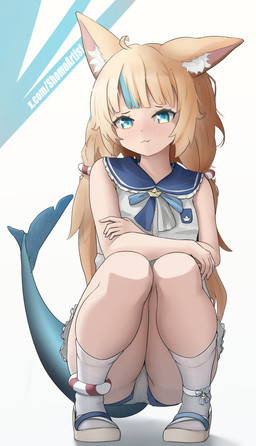 anthro big_tail blonde_hair blue_eyes bottomwear clothed clothing ears_up fangs female footwear hair legwear long_hair looking_at_viewer sandals shark_tail shoes shorts sitting smile solo stockings tail teeth shomo sameko_saba_(vtuber) marine absurd_res hi_res
