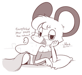 anthro bed bedroom_eyes blush clothing dialogue eyewear female flat_chested flustered furniture glasses narrowed_eyes panties pillow seductive shirt solo text topwear underwear theartmanor pandemonium_wizard_village molte mammal murid murine rodent english_text